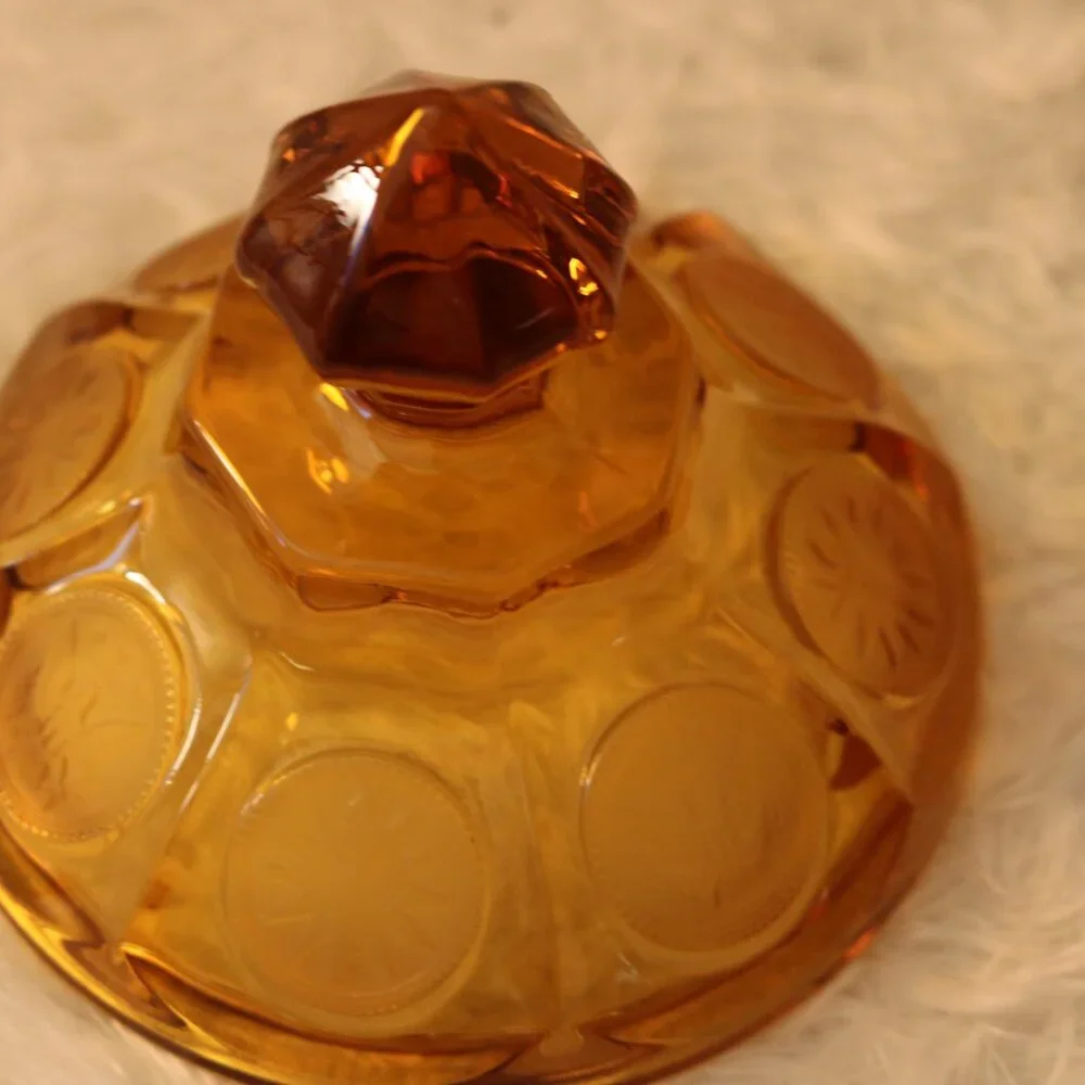 This Fostoria Amber candy dish coin glass vtg 70s beautiful liberty coins